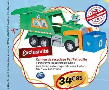 exclusivité  mast  camion de recyclage pat'patrouille il transforme les déchets en outils ! avec rocky, le chien expert de la réutilisation. dès 3 ans. réf. 865976  34€95  par  cecommandi  les parents