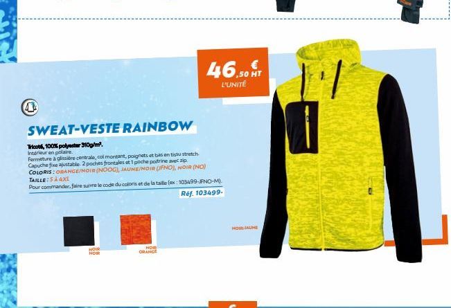 4  HOUR NOR  NOIR ORANGE  SWEAT-VESTE RAINBOW  Tricots, 100% polyester 310g/m².  Intérieur en polaire.  Fermeture à glissière centrale, col montant, poignets et bas en tistu stretch-Capuche fixe ajust