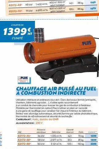 à partir de  1399  l'unité  plus  avy. 62172-34-62172-58 62172-90*  puissance calorifique 34 kw 58 kw 90 kw  chauffage air pulsé au fuel a combustion indirecte  debit d'a 1370 m²/h 2977 m²/h 5121 m/h 