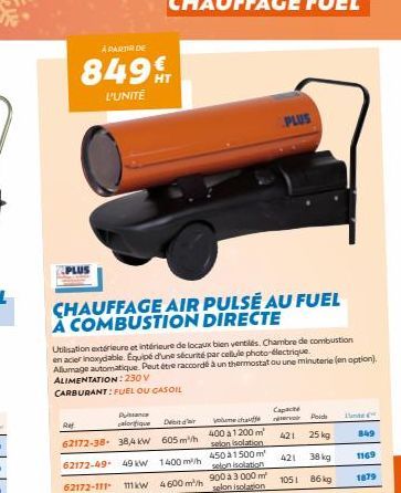 À PARTIR DE  849  L'UNITÉ  PLUS  Puissance calorifique  Ref 62172-38 38,4 KW 62172-49 49 kW 62172-111 111kW  CHAUFFAGE AIR PULSÉ AU FUEL A COMBUSTION DIRECTE  Utilisation extérieure et intérieure de l