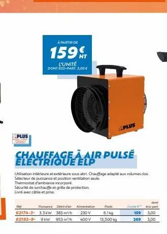 plus  a partir de  159  ay  l'unité dont éco-part. 3,00 €  chauffage à air pulsé  electrique elp  utilisation intérieure et extérieure sous abri. chauffage adapté aux volumes clos sélecteur de puissan