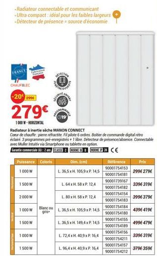 Fylk  Wyle  CHAUFBLEC  -202994  279€  1000 W-HORIZONTAL  Radiateur connectable et communicant -Ultra compact: idéal pour les faibles largeurs -Détecteur de présence = source d'économie  1500 W  Puissa