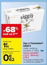 -68%  SUR LE 2 ME  Vendu sel  19⁹5  Le kg:6.96 € Le 2 produt  062  siggis  siggi's  skyr  VANILLE  Skyr à l'Islandaise SIGGI'S Vanille, myrtile ou framboise, 2x 140 g Soit les 2 produits : 2,57 € Soit