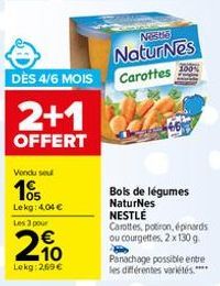 DÈS 4/6 MOIS  2+1  OFFERT  Vendu seu  105  Lekg: 4,04 €  Nestl  Natur Nes  Carottes  Bols de légumes NaturNes NESTLÉ  Carottes, potiron, épinards ou courgettes, 2 x 130 g  Panachage possible entre les