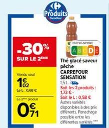 Vendu soul  102  LeL: 0,68 €  -30%  SUR LE 2  Le 2 produt  09₁1  Produits  Canour  NUTRI-SCORE  DE  The glace saveur pêche CARREFOUR SENSATION  1,5L  Soit les 2 produits : 1,73 €-Soit le L: 0,58 € Aut