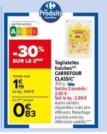 NUTAS-SCORE  ABCDE  Vendu soul  1999  Le kg: 3,40€  Le 2 produt  -30%  SUR LE 2 ME  83  B  Produits Cenour  Tagliatelles fraiches CARREFOUR  CLASSIC 350 g  Soit les 2 produits: 2,02 €.  Soit le kg: 2,