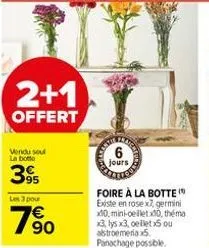 2+1  offert  vendu sou la botte  395  les 3 pour  790  6  jours  foire à la botte existe en rose x7, germin x30, mini-celletx00, théma x3, lys x3, cellet x5 ou astroemeria 5 panachage possible. 