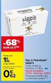 -68%  SUR LE 2M  Vondu seul  195  Leig:6.96€  Le produ  siggis  062  siggi's  sky2  Skyr à l'Islandaise SIGGI'S Vanile, mytle ou framboise, 2x 140 g Soit les 2 produits: 2,57 € Soit le kg: 4,59 € Pana