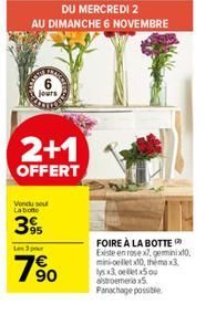 jours  2+1  OFFERT  Vondu sou Labono  395  Les 3 pour  7%⁹0  DU MERCREDI 2  AU DIMANCHE 6 NOVEMBRE  FOIRE À LA BOTTE Existe en rose x7, geminix10, millet0,themax3  lys x3, oelet x5 ou astroemeria x5 P