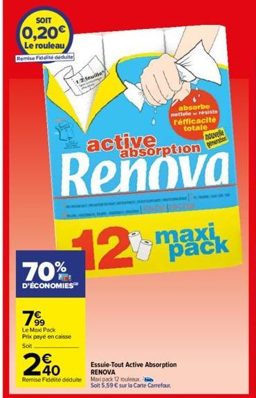 SOIT  0,20€  Le rouleau Remise Fidélité déduite  70%  D'ÉCONOMIES™  7⁹9  Le Max Pack Prix payé en caisse  Soit  1/2 feuille  absorbe  nettole résiste  l'efficacité totale nouvelle  generation  active 