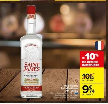 saint james  martinique  saint james  1765 rhum agricole -pure canne  imperial blanc  rhum agricole de la martinique saint james blanc ou paille, 40% vol. 700 autres variétés ou gimmages disponibles à