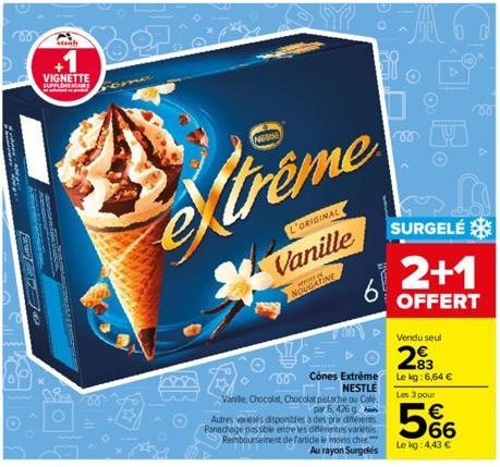 TH  +1  VIGNETTE SUPPLEMENTARY  A  CONSUN PA  o  WABLE SPHALE  ORIGINAL  Vanille  NOUGATINE  Xtreme  Vanille, Chocolat, Chocolat pistache ou Cale, par 5, 426 g Autres veresés disponibles à des prix di