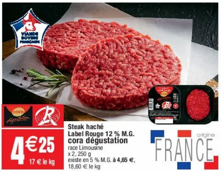 steak haché label rouge 12% m.g. cora dégustation