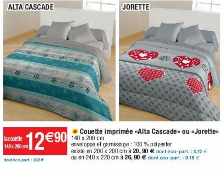 couette imprimée Alta Cascade ou Jorette