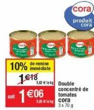 soit  remise  10% immédiate  1€18  1 €06  5,82 la kg double concentré de tomates  5,05 € lekcora  3x 70 g  cora  produit cora 