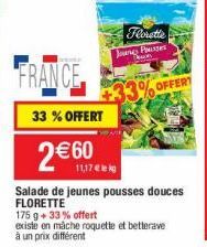 FRANCE  33 % OFFERT  2 €60  11,17 €  Salade de jeunes pousses douces FLORETTE  175 g + 33% offert  existe en mache roquette et betterave à un prix différent  Florette Joung Pusses  OFFERT  +33% 