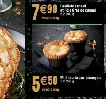 7€90  5€50  22,92 € le kg  Feuilleté canard et Foie Gras de canard x 2,300 g  Mini tourte aux escargots x 2, 240 g 