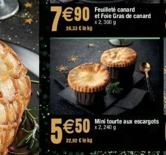 7€90  5€50  22,92 € le kg  feuilleté canard et foie gras de canard x 2,300 g  mini tourte aux escargots x 2, 240 g 