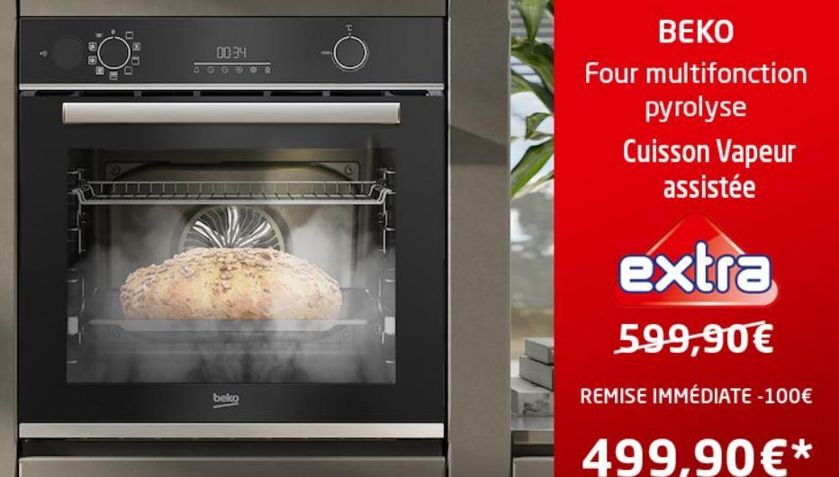 00:34  4060A  beko  BEKO  Four multifonction  pyrolyse  Cuisson Vapeur  assistée  extra  599,90€  REMISE IMMÉDIATE -100€  499,90€*  