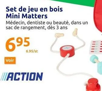 voir  set de jeu en bois  mini matters  6.95/st  action  médecin, dentiste ou beauté, dans un sac de rangement, dès 3 ans  695 