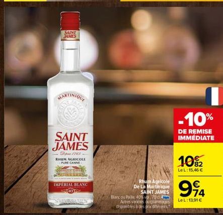 SAINT JAMES  MARTINIQUE  SAINT JAMES  1765 RHUM AGRICOLE -PURE CANNE  IMPERIAL BLANC  Rhum Agricole De La Martinique SAINT JAMES Blanc ou Paille, 40% vol. 700 Autres variétés ou gimmages disponibles à