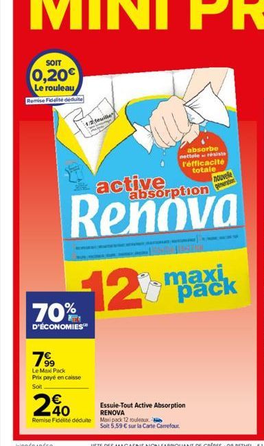 SOIT  0,20€  Le rouleau Remise Fidélité déduite  70%  D'ÉCONOMIES™  7⁹9  Le Max Pack Prix payé en caisse  Soit  1/2 feuille  absorbe  nettole résiste  l'efficacité totale nouvelle  generation  active 