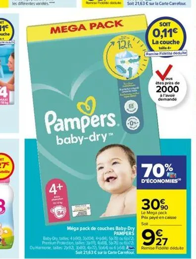 4+  mega pack  pampers  baby-dry th  12h  méga pack de couches baby-dry pampers  baby dry, talles: 490) 3(x104), 4+684 5678) ou 60x72) premium protection, tailles 311 40x88), 5676) ou 6-77)  soit  0,1
