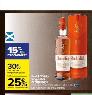 X  15%  D'ÉCONOMIES  30%O  Le L:43,29 € Prix payé en caisse Sot  25%  Remise Fide dedute Soit 4,55 € sur la Carte Carrefour.  Scotch Whisky Single Malt GLENFIDDICH  75 Triple Oak, 12 ans d'age, 40% vo