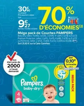 30%  le paquet prix payé en casse soit  4k  927  remise fidelite dédurte  méga pack de couches pampers baby dry tailles 4x90 2x120), 3 px104), 4+ (x84), 5 (78) ou 6 (72) premium protection, tailles: 2