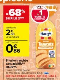 Vendu soul  69  Le kg: 5,55€  Le 2 produt  086  Staub  Brioche tranchée sans additifs HARRYS  Farine complete, pépites  de chocolat ou-30% de sucres, 485 g  Soit les 2 produits: 3,55 €-Soit le kg: 3,6