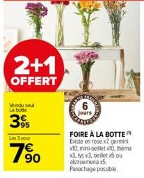 2+1  OFFERT  Vendu soul La botte  395  Les 3 pour  79⁹0  6  jours  FOIRE À LA BOTTE Existe en rose x7, germini x10, mini-oeillet x10, théma x3, lys x3, cellet x5 ou alstroemeria x5 Panachage possible.