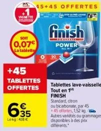 vignette  soit  0,07€ la tablette  +45  tablettes offertes  635  €  lekg: 418 €  45+45 offertes  finish  fenerban  power  ou bicarbonate, par 45 +45 offertes, 1,52 kg. autres variétés ou grammages dis