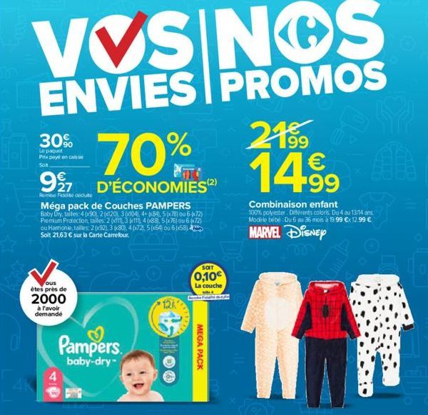 VÝSINOS  ENVIES PROMOS  70%  21⁹9 14⁹9  D'ÉCONOMIES(2)  30%  Le paquit Prix payé en caisse  SO  €  9927  Remise Fidelite déduite  Méga pack de Couches PAMPERS  Baby Dry, taillies: 4 (x90), 2(020), 3(x