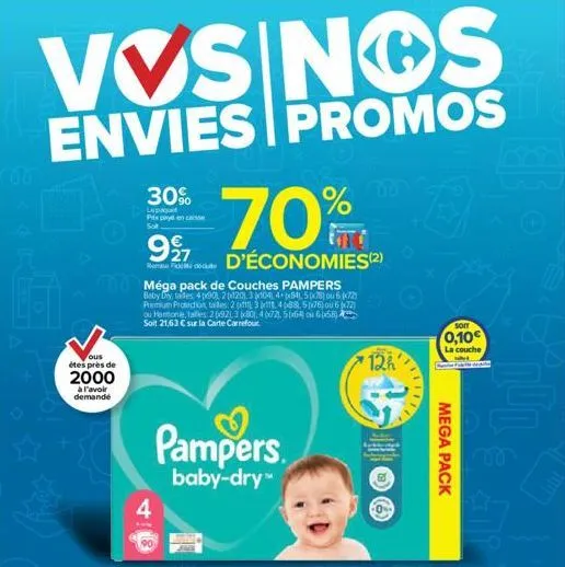 výsinos  envies promos  ous  étes près de  2000  à l'avoir demandé  70%  997 d'économies(2)  roma docu  30%  lepaque  méga pack de couches pampers  baby day, talles: 4p90), 2(120) 3104) 4x84) 5(x78) o