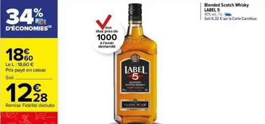 34%  d'économies™  18%  le l: 18,60 € prix payé en caisse soit  12⁹8  remise fidélité déduite  ous étes près de  1000  à l'avoir demandé  label 5  blended  blended scotch whisky label 5  40% vol. 1l  