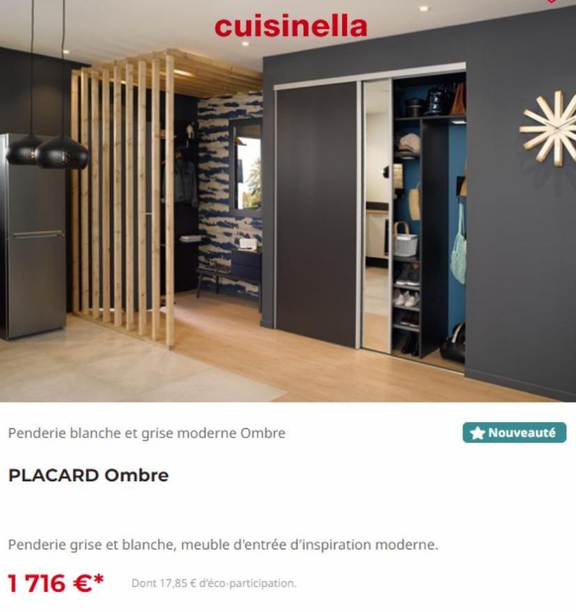 cuisinella  Penderie blanche et grise moderne Ombre  PLACARD Ombre  Penderie grise et blanche, meuble d'entrée d'inspiration moderne.  1716 €* Dont 17,85 € d'éco-participation.  Nouveauté  