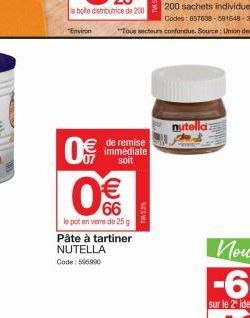 "Environ  0€  de remise immédiate soit  66  le pot en verre de 25 g  Pâte à tartiner NUTELLA Code: 596990  PW53  nutella 