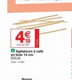 le lot de 1000  Agitateurs à café  en bois 14 cm SOLIA Code: 171943  PM 0% 