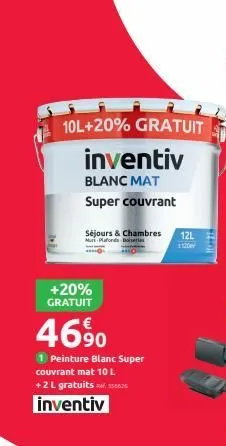 10l+20% gratuit  inventiv  blanc mat  super couvrant  séjours & chambres murs plafonds doiseries  +20% gratuit  46⁹0  1 peinture blanc super couvrant mat 10 l +2 l gratuits 5825  inventiv  12l  bert  