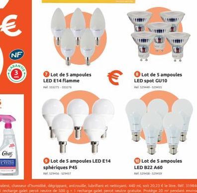 Gleats  Lot de 5 ampoules LED E14 Flamme  Rif: 133275-333276  €  Lot de 5 ampoules LED E14 sphériques P45  RE529456-529457  Lot de 5 ampoules LED spot GU10  10 Lot de 5 ampoules LED B22 A60 529458-529