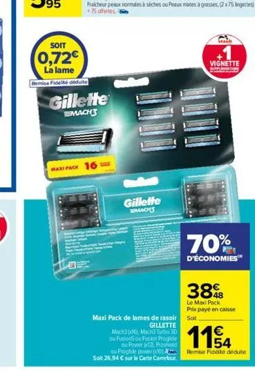 soit  0,72€  la lame remise fidélite déduite  gillette  mach3  maxi pack 16  mba gillette  macht  maxi pack de lames de rasoir gillette  mach3 (06), mach3 turbo 30 ou fusions ou fusion proglide  ou po