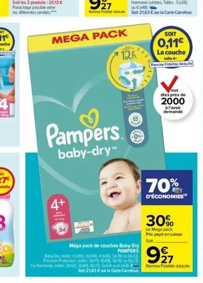 4+  mega pack  pampers  baby-dry th  12h  méga pack de couches baby-dry pampers  baby dry, talles: 490) 3(x104), 4+684 5678) ou 60x72) premium protection, tailles 311 40x88), 5676) ou 6-77)  soit  0,1