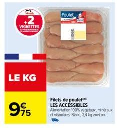 sta  VIGNETTES  LE KG  995  75  Poulet  RE  Filets de poulet LES ACCESSIBLES Alimentation 100% végétaux, minéraux et vitamines Blanc, 2,4 kg environ. 