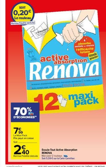 SOIT  0,20€  Le rouleau Remise Fidélité déduite  70%  D'ÉCONOMIES™  7⁹9  Le Max Pack Prix payé en caisse  Soit  1/2 feuille  absorbe  nettole résiste  l'efficacité totale nouvelle  generation  active 