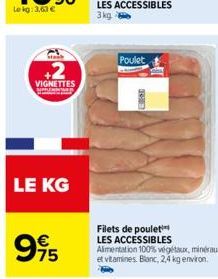 sta  VIGNETTES  LE KG  995  75  Poulet  RE  Filets de poulet LES ACCESSIBLES Alimentation 100% végétaux, minéraux et vitamines Blanc, 2,4 kg environ. 