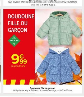 DOUDOUNE FILLE OU  GARÇON  11  RECYCLE  999  La doudoune  Doudoune fille ou garçon  100% polyester recyclé. Différents coloris selon les magasins. Du 3 au 36 mois. 