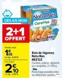 des 4/6 mois  2+1  offert  vendu seul  1905  le kg: 4,04€ les 3 pour  2%  210  le kg: 2,69 €  neste  naturnes carottes  bols de légumes naturnes nestlé  carottes, potiron, épinards ou courgettes, 2 x 