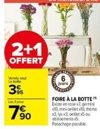 2+1  offert  vendu sou la botte  395  les 3 pour  790  6  jours  foire à la botte existe en rose x7, germin x30, mini-celletx00, théma x3, lys x3, cellet x5 ou astroemeria 5 panachage possible. 