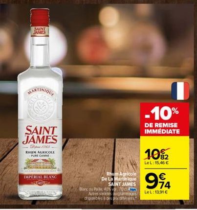 SAINT JAMES  MARTINIQUE  SAINT JAMES  1765 RHUM AGRICOLE -PURE CANNE  IMPERIAL BLANC  Rhum Agricole De La Martinique SAINT JAMES Blanc ou Paille, 40% vol. 700 Autres variétés ou gimmages disponibles à