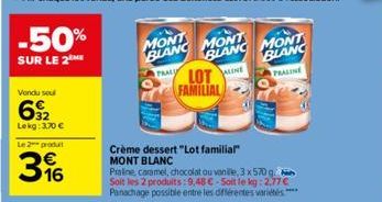 -50%  SUR LE 2  Vondu sou  32 Lekg: 3.70 €  Le 2 produt  316  MONT  BLANC MONT  PRALY  Crème dessert "Lot familial  MONT BLANC  Praline, caramel, chocolat ou vanile, 3 x 570 q Soit les 2 produits: 9,4